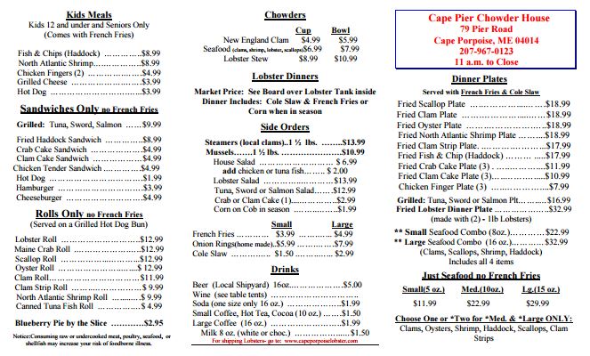 The Cape Pier Chowder House Restaurant Has Reopened In Kennebunkport   Cape Porpoise Menu PR 